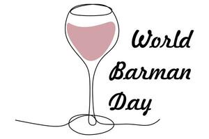 Bartenders Day. Red wine on international Bartender Day. Continuous line drawing Wineglass isolated on white. Outline vector illustration, Barman day concept. Bar and Restaurant Poster, Greeting Card.