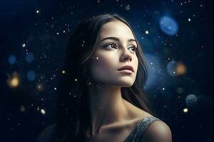 AI generated Girl looking away in studio starry sky. Generate ai photo