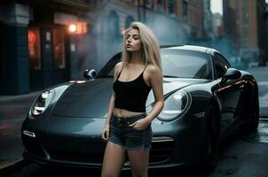 AI generated Blonde woman dressed in short top and shorts near luxury car. Generate ai photo