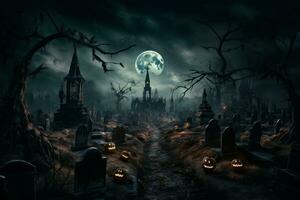 AI generated Haunted Halloween graveyard. Generate Ai photo