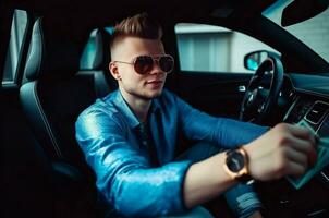 AI generated Rich man holds money and sitting in sport car. Generate ai photo