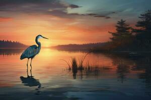 AI generated Serene Heron lake sunset. Generate Ai photo
