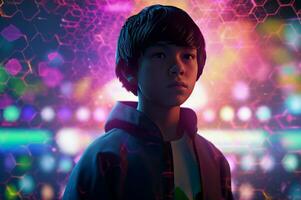 AI generated Kid gamer on neon punk background. Generate ai photo