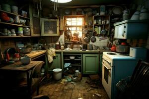 AI generated Unorganized Kitchen dirty chaos. Generate Ai photo