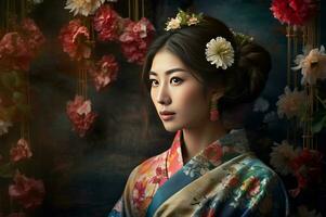 ai generado japonés niña en tradicional kimono con floral pelo ornamento. generar ai foto