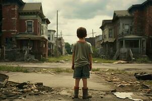 AI generated Small Little boy standing in poor neighborhood. Generate ai photo