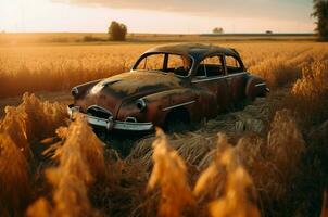 AI generated Broken old car in wheat field. Generate ai photo