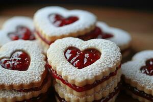 AI generated Crumbly Hearts jam cookies valentines day. Generate Ai photo