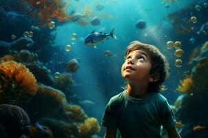 AI generated Adventurous Boy undersea world. Generate AI photo