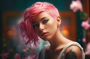 AI generated Beautiful woman pink hair. Generate AI photo