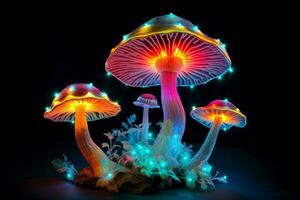 AI generated Dreamlike Magic fluorescent mushroom forest. Generate Ai photo