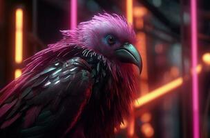 AI generated Neon vivid purple colored punk bird. Generate ai photo