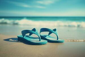 par de verano azul chancletas en playa. generar ai foto