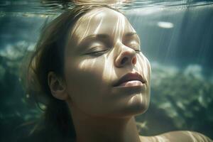 Woman portrait underwater closeup. Generate ai photo