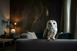 White owl pet sitting on couch. Generate ai photo