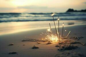 Sparkle sticks on beach sand with sunset view. Generate ai photo