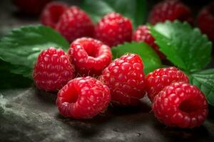Red raspberries fruits with green leaves closeup. Generate ai photo