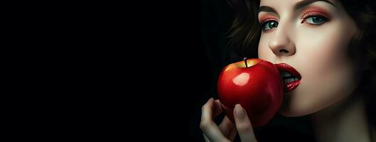 mujer con rojo labios comiendo un rojo manzana bandera. generar ai foto