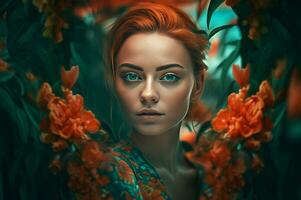 Redhaired woman posing on blossom red frame background. Generate ai photo