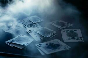 Poker casino playing cards in smoke fog. Generate ai photo