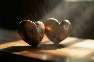 Rustic wooden heart shaped items in sunlit. Generate ai photo