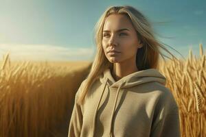 Woman wearing hoodie in wheat field. Generate ai photo