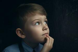 Thoughtful boy posing in front of chalkboard. Generate ai photo