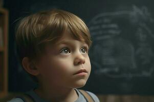 Young boy posing in front of chalkboard. Generate ai photo