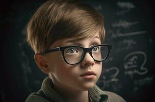 joven chico con lentes posando en frente de colegio pizarra generar ai foto