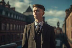 escocés hombre desde victoriano era posando en nacional edificio herencia. generar ai foto