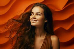 AI generated Beautiful smiling girl posing on orange wavy background. Generate ai photo
