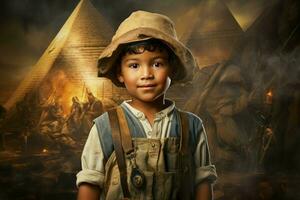 AI generated Golden Ancient egyptian pyramid child boy. Generate Ai photo