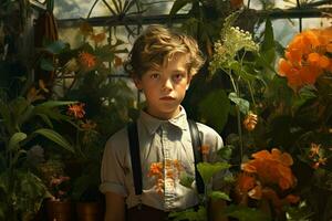 AI generated Fascinating Botanic plants child boy. Generate Ai photo