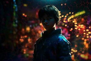 AI generated Kid gamer on virtual neon cyberpunk network. Generate ai photo
