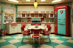 AI generated Colorful Retro kitchen. Generate Ai photo