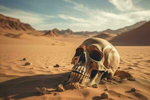 AI generated Desiccated Human skull in desert. Generate Ai photo