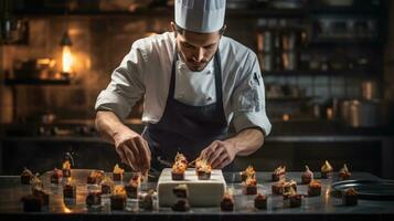 AI generated Chef preparing a gourmet dessert in an open kitchen photo