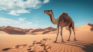 AI generated Camel stands against the backdrop of the endless desert photo