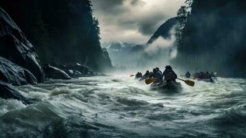 ai generado grupo de viajeros kayak abajo un Tormentoso río foto