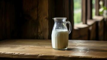 AI generated Bottle of milk on wooden table with rustic interior photo