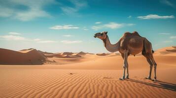 AI generated Camel stands against the backdrop of the endless desert photo