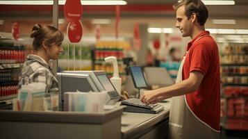 ai generado cajero en un supermercado servicio un cliente a el revisa mostrador foto