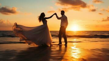 AI generated Happy couple celebrating wedding ceremony on the beach, luxurious sunset photo