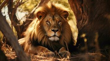 AI generated Lion rests in the shade of trees, majestically surveying his territory photo