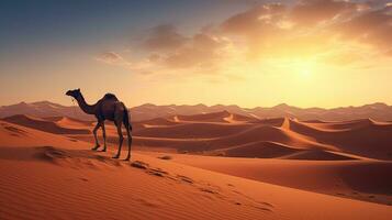 AI generated Camel stands against the backdrop of the endless desert photo