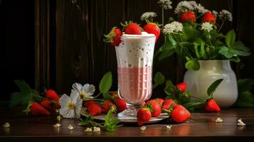 AI generated Strawberry smoothie or milkshake with strawberries and mint in a glass photo