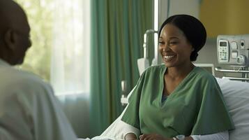 AI generated Friendly patient and caring nurse smiling in hospital photo