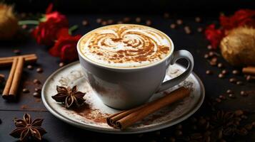 AI generated Latte with milk and foam, decorated with cinnamon photo