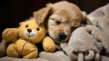 AI generated Cute dog sleeps on a soft pillow. The puppy sleeps in an embrace with soft toy photo