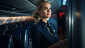 AI generated Flight attendant checks the plane readiness for flight photo